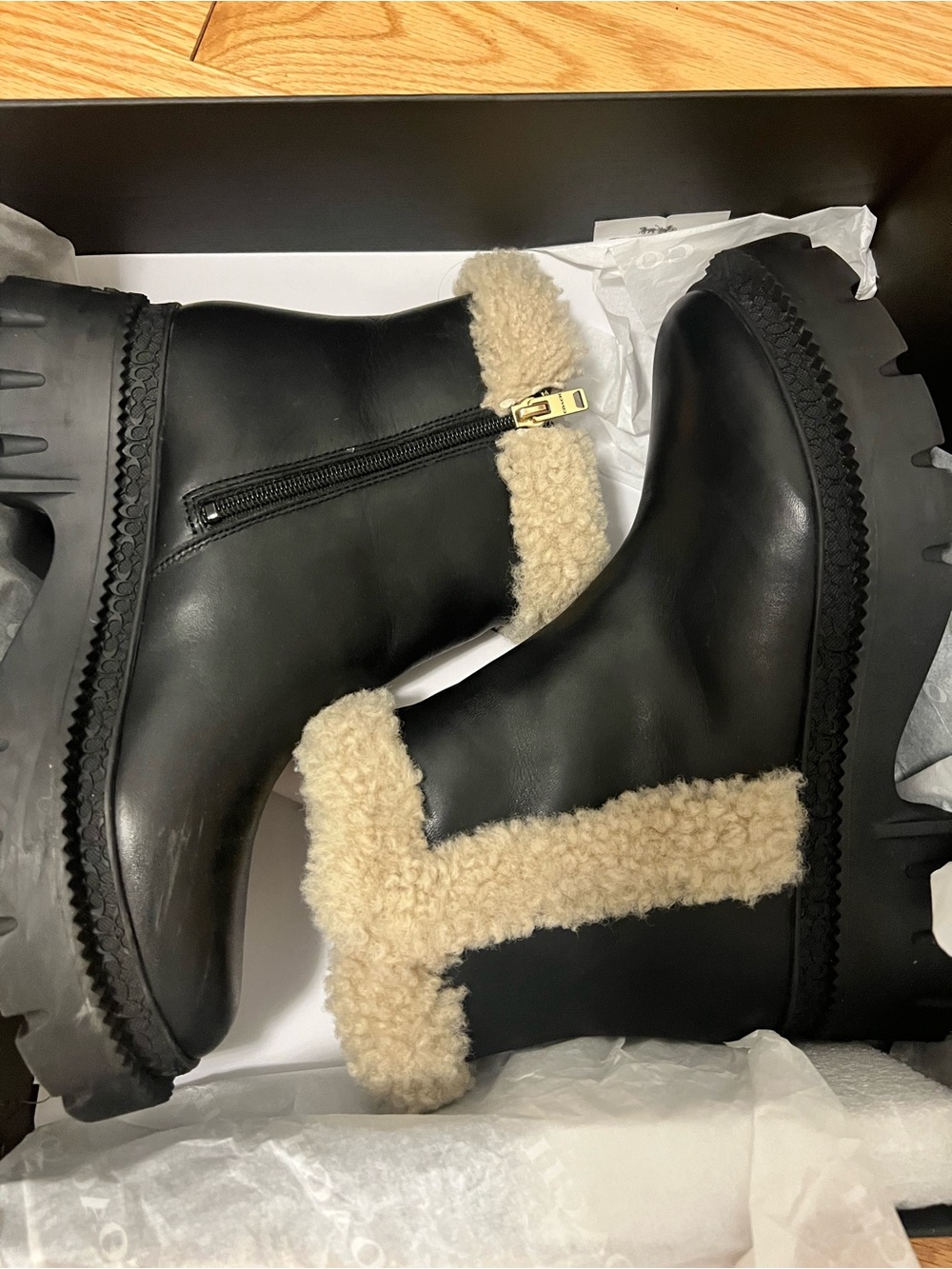 Coach Women’s Black Leather Winter Boots with Cream Shearling Trim